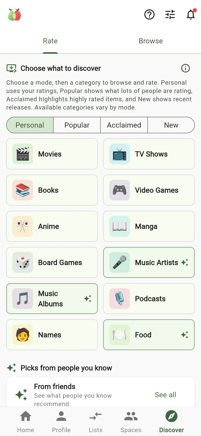 Discover: choose Personal, Popular, Acclaimed or New, then a category such as Movies, TV Shows, Books, Video Games, Anime, Manga, Board Games, Music, Podcasts, Names or Food.