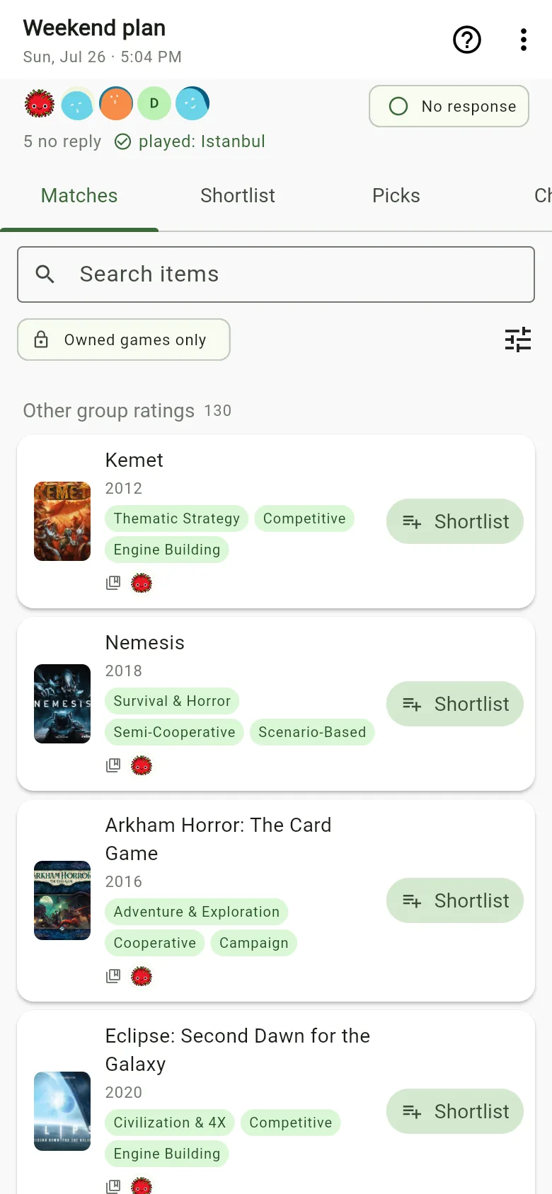 A game night Session's Matches tab filtered to owned games only, listing Kemet, Nemesis and Arkham Horror: The Card Game.