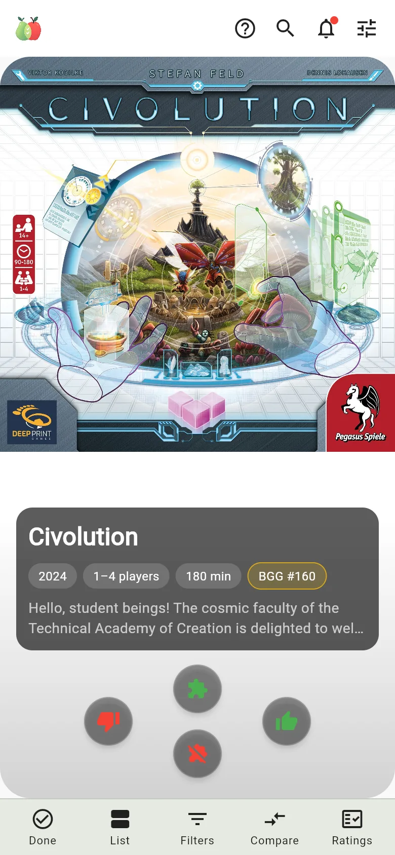 Rating a board game, Civolution: 2024, 1 to 4 players, 180 minutes, BGG rank 160, with the four rating buttons.
