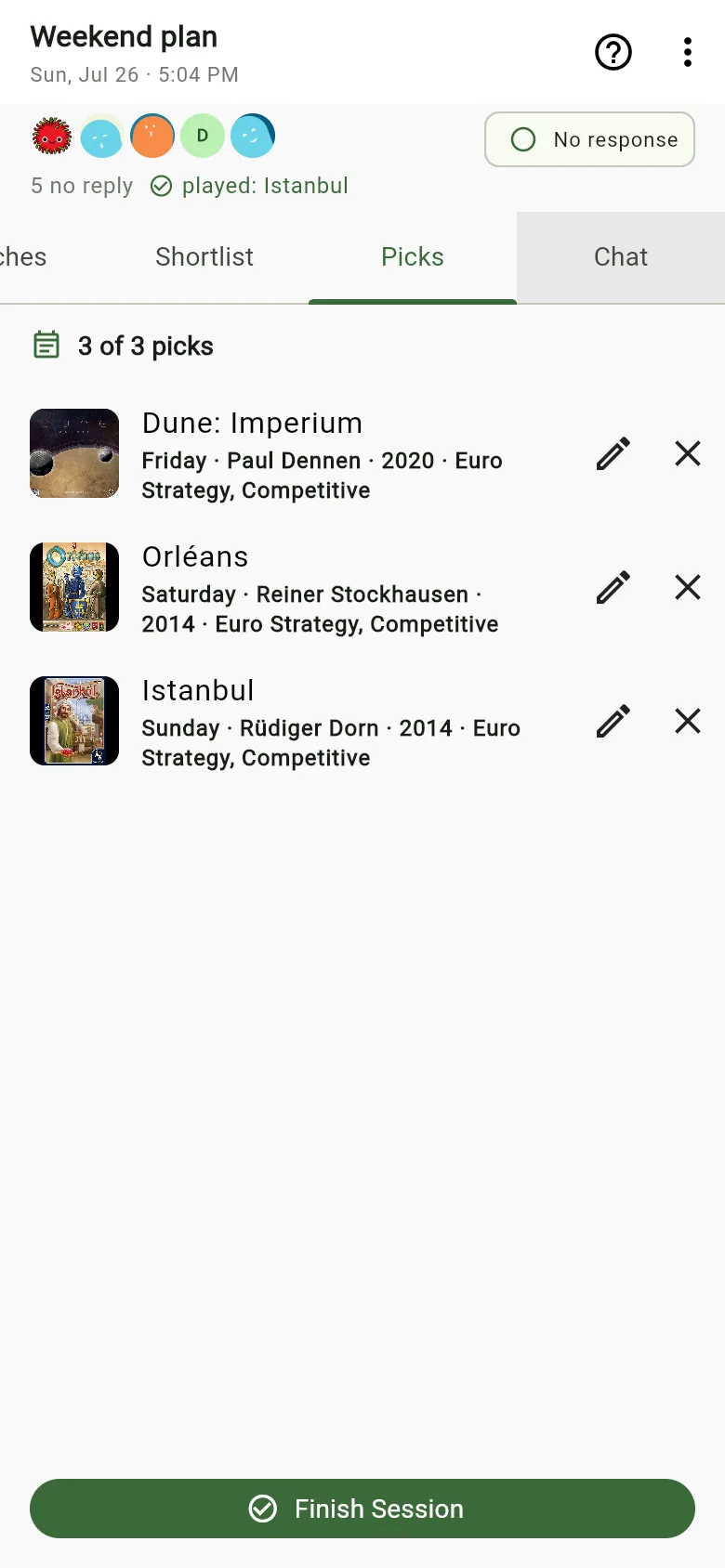 A weekend plan's picks: Dune: Imperium on Friday, Orléans on Saturday and Istanbul on Sunday, with a Finish Session button.
