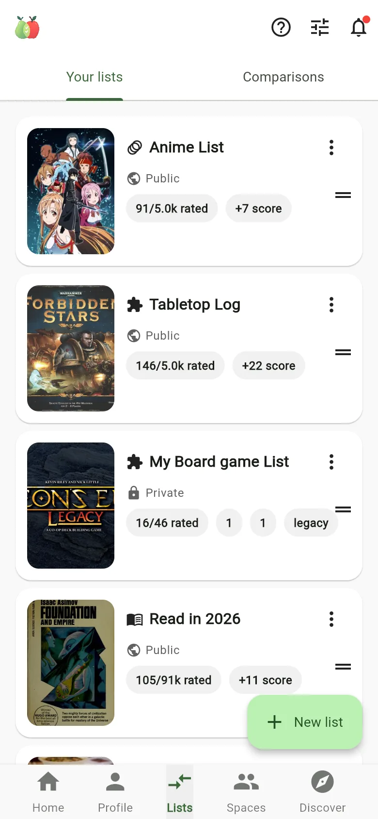 Your lists: Anime List, Tabletop Log, My Board game List and Read in 2026, each showing how many items are rated.