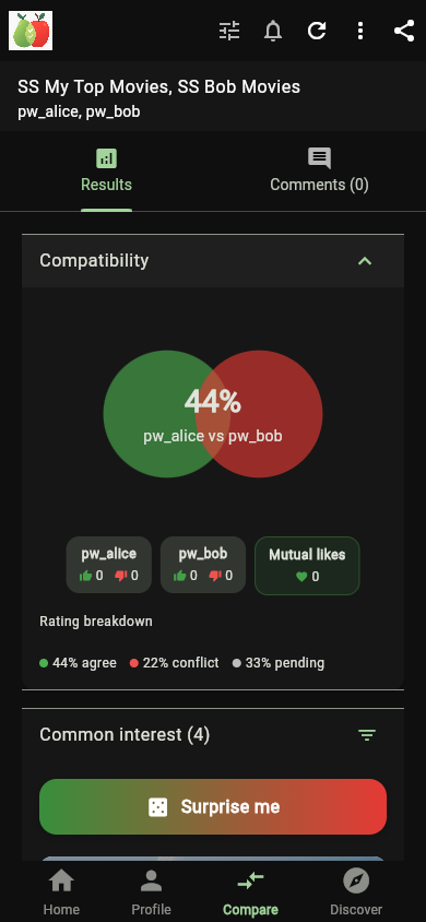 ComPearApple comparison results showing shared matches